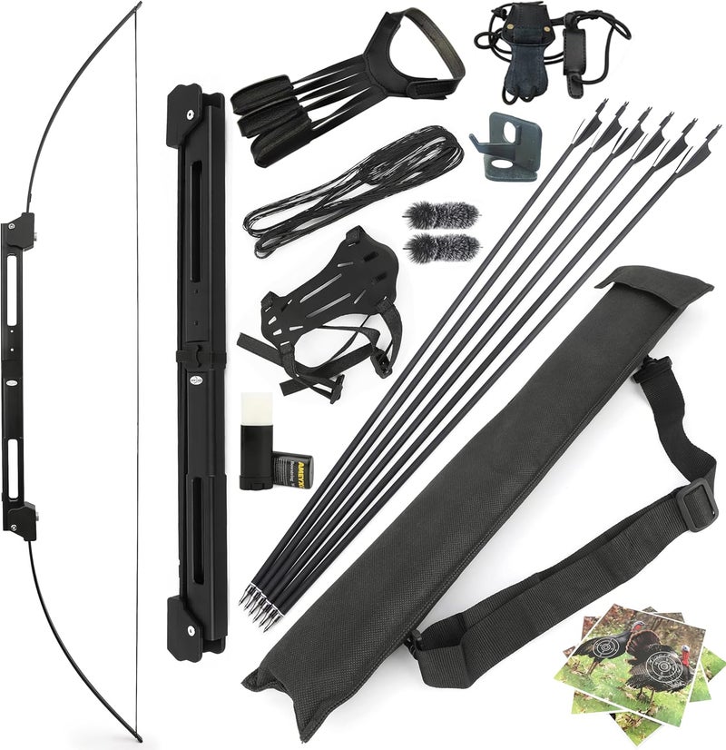 wolfman Archery 58" Folding Bow Survival Bow and Arrow Set Longbow Takedown Recurve Bow 35lbs RH/LH for Archery Bow Hunting Targeting Shooting (Black) - Image 1